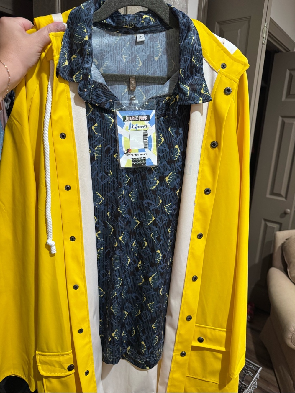 Jurassic Park- Denis Nedry costume. Yellow Raincoat, shirt and ID badge